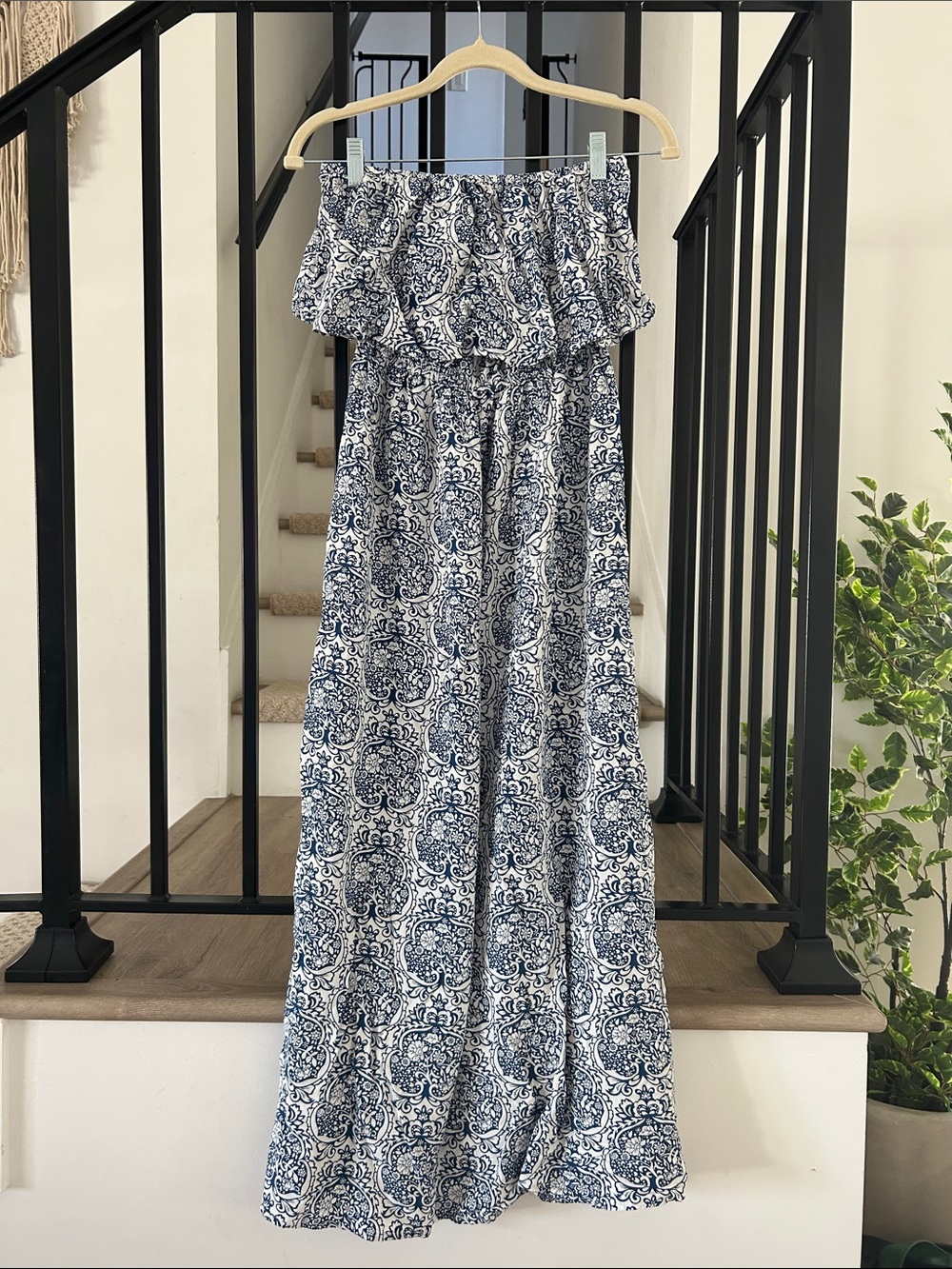 Strapless Ruffle Maxi Dress - Navy Blue and White